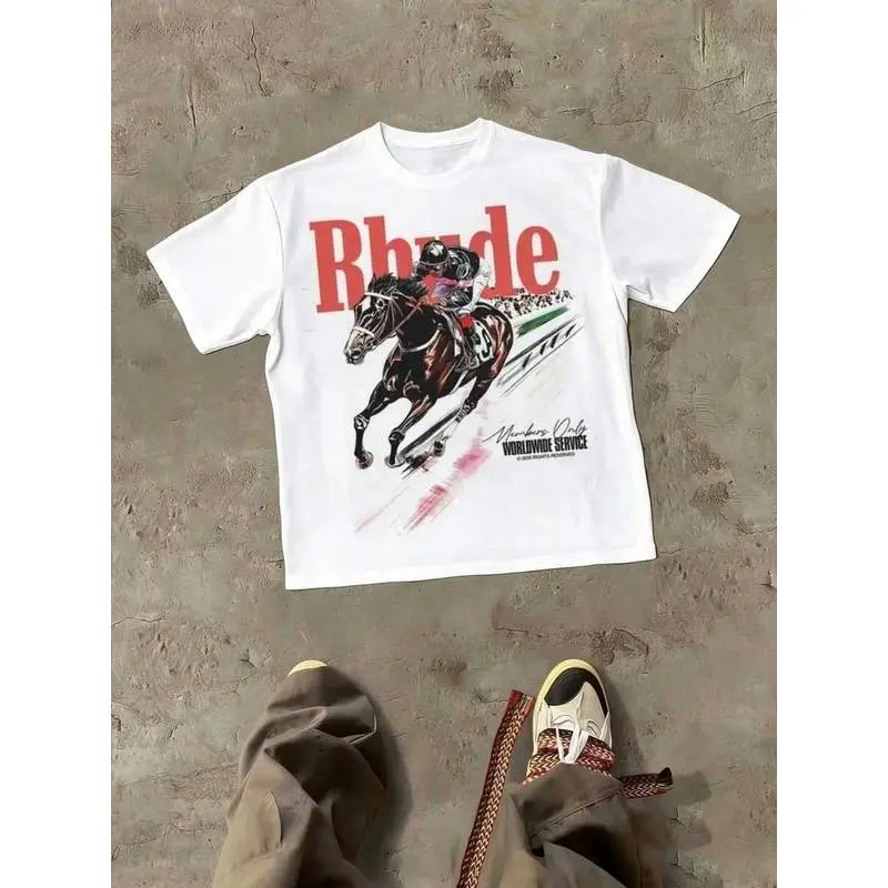 Rhude Horse Racing Print Vintage, 220g 100% Cotton Casual Printed T-Shirt, Graphic Tees Men, Going Out Tops, Summer Outfits