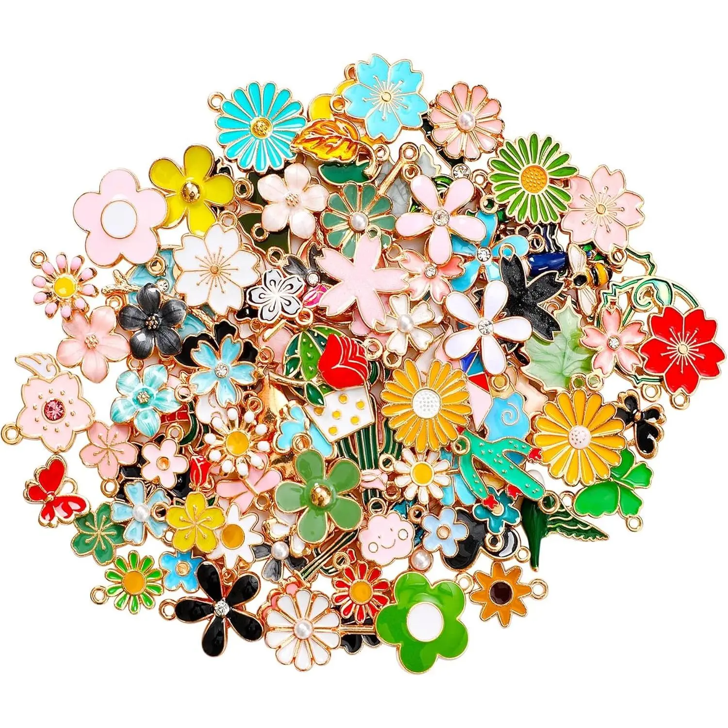 X-BY72 120 Pcs Pink Charms, Assorted Gold Enamel Charm for Jewelry Making Pink Theme Mixed Flowers Heart Fruit Moon Star Dangle Pendants Charm for DIY Bracelet Necklace Earrings Crafts