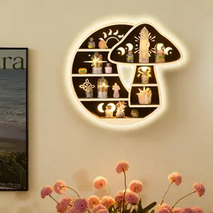 FNYDOX Decorative Wooden Mushroom & Moon with LED Wall-Mounted Floating Shelf for Crystals, Rocks, Gems, Healing Stones, Trinkets, Knick-Knacks - Bohemian Witchy Home Decor