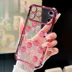 Cherry Bows Pattern Four Corner Anti-Fall Phone Case Transparent Electroplated Protective Cover for iPhone 17 Air 16 E Pro Max 15 Plus 14 13 12 11 X,Samsung and other series models, can be given as a holiday gift to friends or family