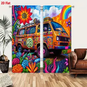 2D Flat  2-Piece Curtains, Vibrant Psychedelic Artwork with Orange Van, Colorful Patterns, Oversized Flowers, Blue Sky & Rainbow, Hippie 60s Style Bold Expressive Design, For Bedroom Living Room Decor