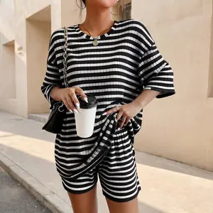 Striped Knit Loungewear Set | Flattering Oversized T-Shirt & Shorts for Everyday Errands & Vacation