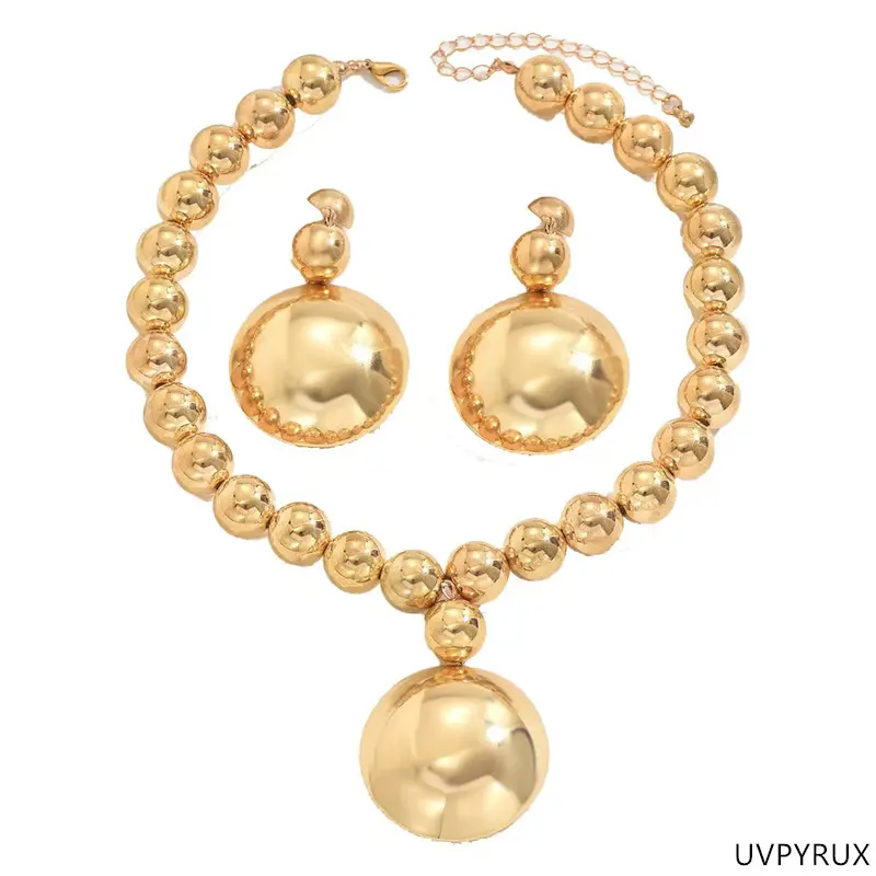 Statement Jewelry Sets for Women, Gold-Tone Beaded Necklace with Matching Stud for Wedding, Bridal Accessory, Female, Statement Gold-Tone