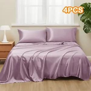 Elegant Satin Bedding Set, Pure Color Design, Includes Fitted Sheet, Flat Sheet, Pillowcases, Luxurious Polyester Material