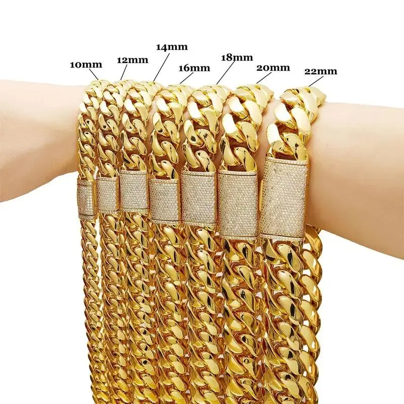The Classic Clasp Gold color Cuban Cuban Link Chain |   5A Cubic Zirconia, -Out Clasp, |   Luxury 14K Gold Necklace |   Non-Tarnish Stainless Steel, 10-22mm Hip Hop Jewelry Stylish Statement Accessory