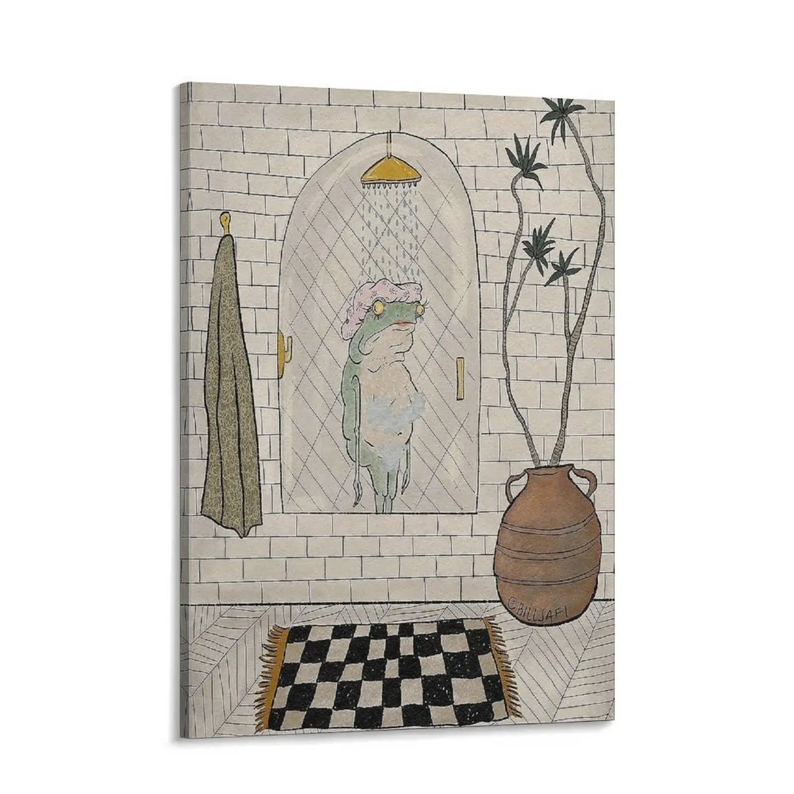 Retro Playful Frog Motif Canvas Art Poster - Cute Cartoon Print, Funny Design, Creative Design, Home Inspo Decoration Items for Bathroom, Bedroom Home Supplies