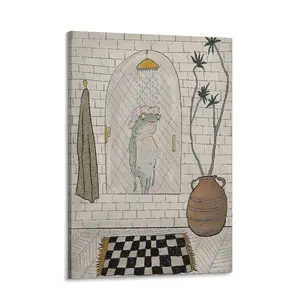 Retro Charming Frog Bath Canvas Art Print Wall  for Living Room Bedroom Home Office Bathroom  Poster decor