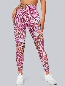 Women's High Waist Abdomen Control Yoga Pants, Striped Dripping Pattern Sports Underwear, 90% Polyester/10% Spandex, Four-Way Stretch