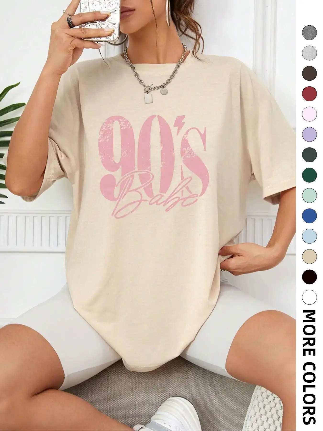 Women's Letter & Figure Print Drop Shoulder Tee, Casual Half Sleeve Round Neck T-shirt for Summer, Graphic Tees, Women's Top for Daily Wear, Summer Va