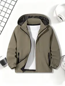 Boys' Simple Hooded Jacket, Full Zipper Closure + Side Pockets, Ideal for Outdoor Activities, School, Daily Wear, 1 Piece Set