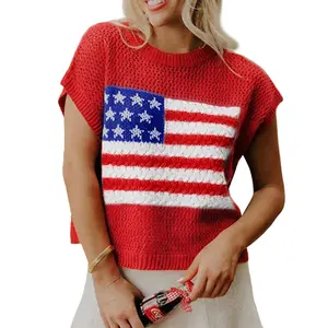 Lady's Casual Knitting Apparel, Women's Summer Flag Graphic Short-Sleeve Pullover Top