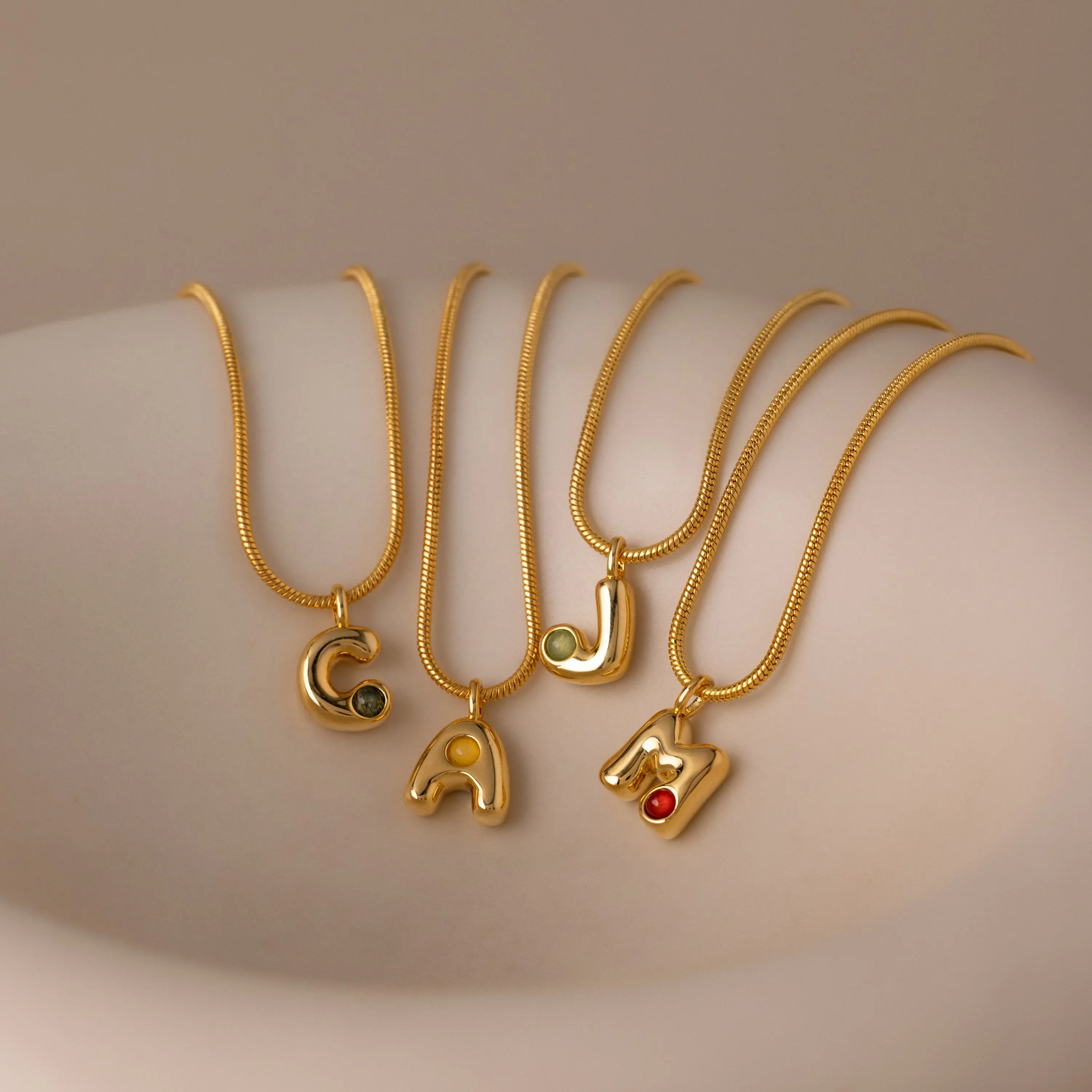 Gemstone Bubble Initial Necklace by Caitlyn Minimalist - Chunky 18K Gold Plated Letter Pendant Necklace in Snake Chain - Trendy Birthstone Jewelry - Best Friend Gift