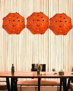 Single Orange Umbrella With Mirror Work And Embroidery - Backdrop Decoration for Diwali, Eid, Holi, Indian Wedding