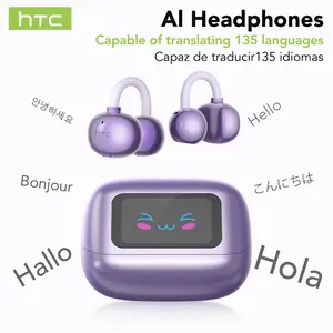 HTC NE54-AI Translator Earphones, Clip-On Earbuds, Bluetooth 6.0, Full-Color Touchscreen, Wireless Audio Headphones, IPX5 Waterproof, Noise Cancelling, Built-in Microphone for Music and Phone Calls