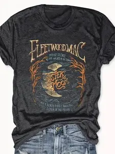 Women's Moon Short Sleeve T-shirt, Vintage Trendy Casual for Daily Wear,Round Neck Tee