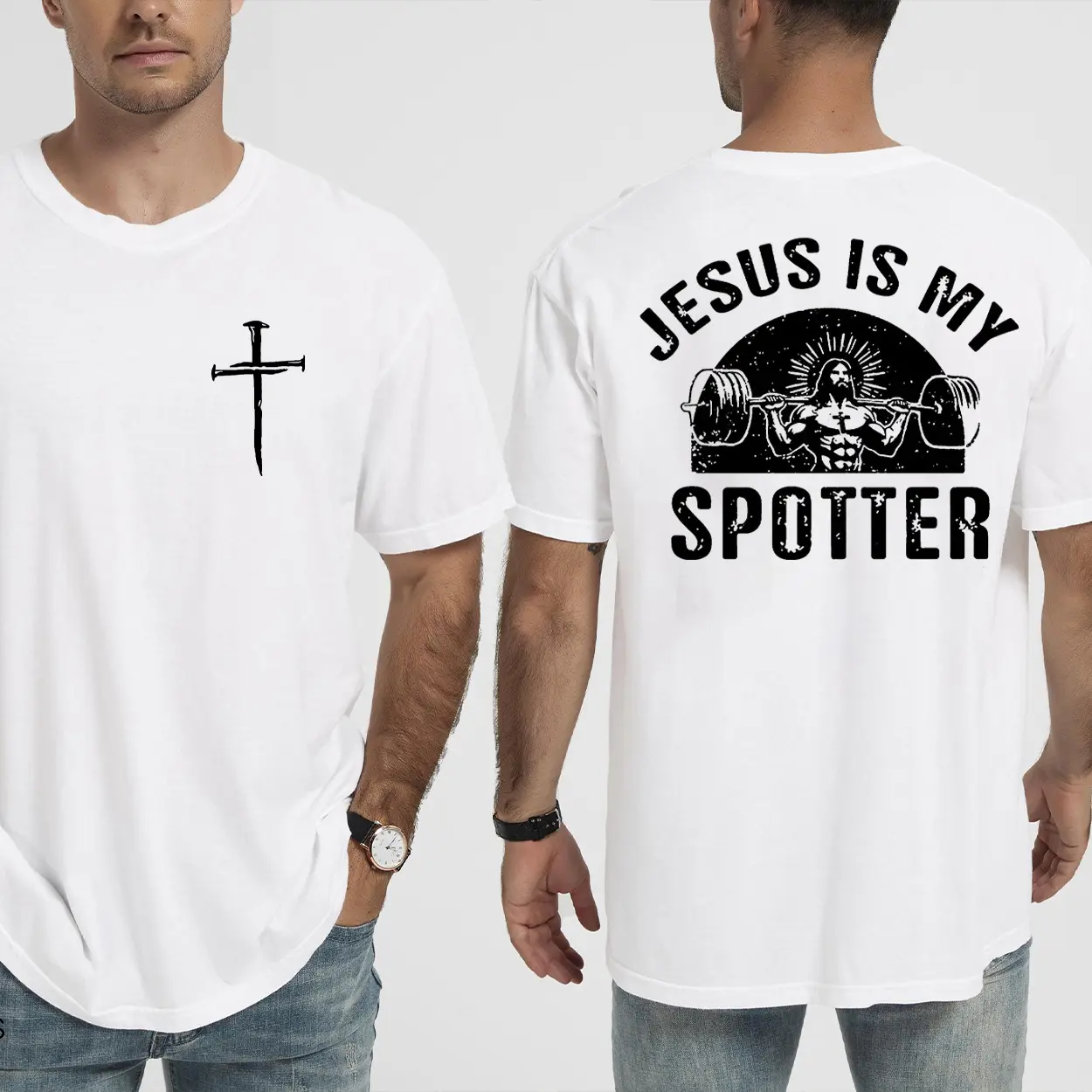 Jesus Is My Spotter 2 Sided Comfort Colors Tee Pure Ring-Spun Cotton Fabric Casual Crew Neck Short Sleeve Soft-Washed T-Shirt Tops for Women for Men