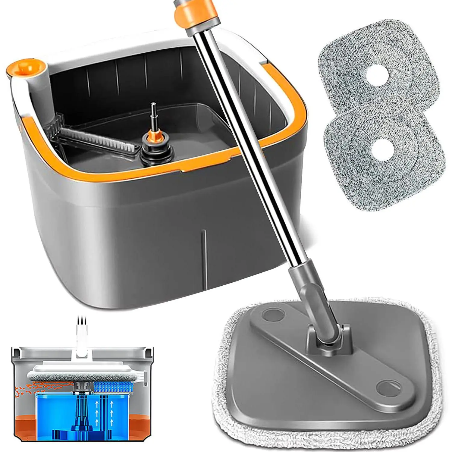 Gray Spin Mop with 2 mop pads