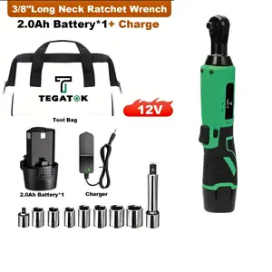 TEGATOK 12V Cordless  Ratchet  3/8" Right Angle Drive with 2.0Ah Battery & Socket Set for Auto Home Use Variable Speed Kit electric wrenches