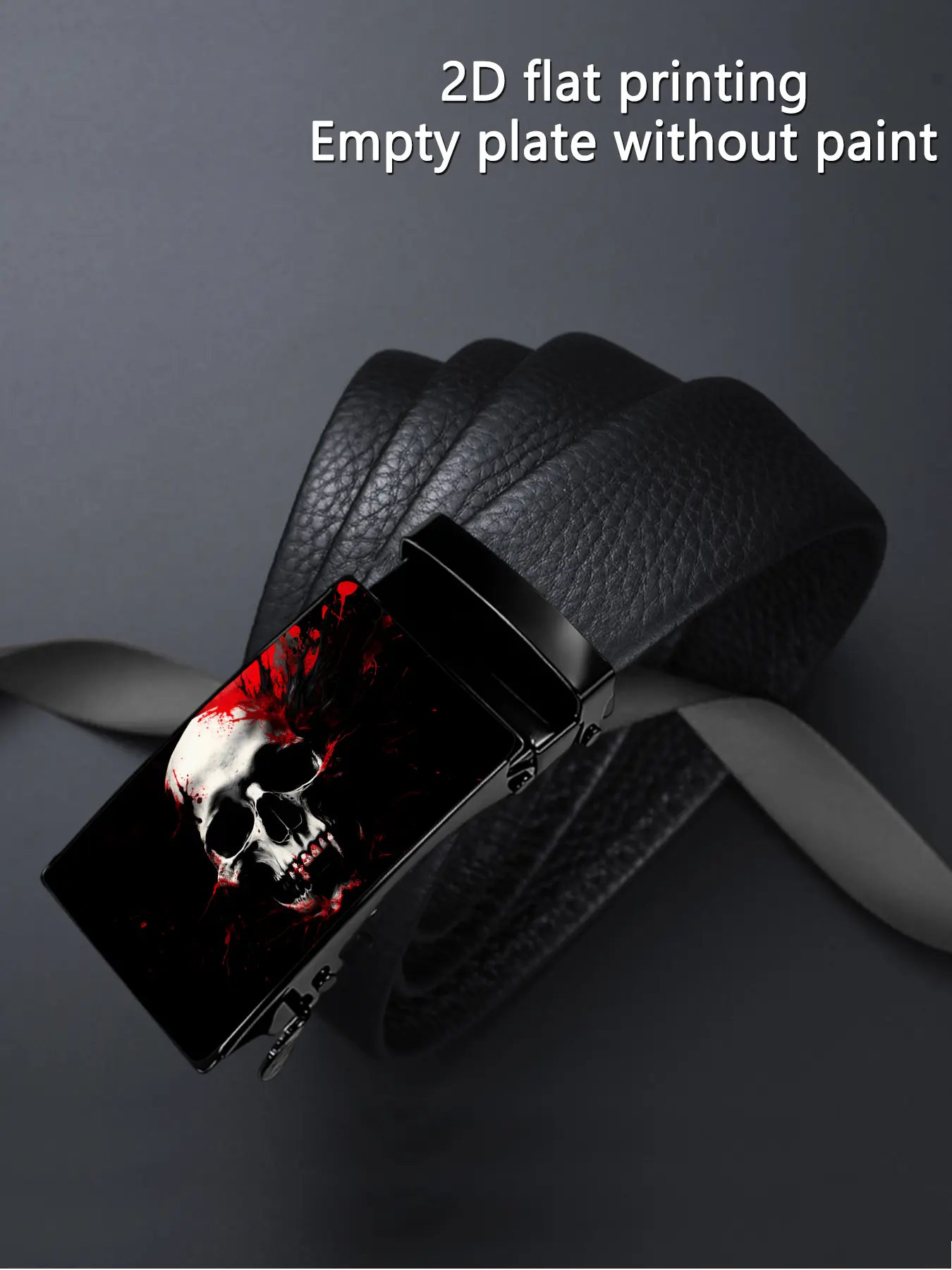 A 2D product with avant-garde design featuring skull art patterns, suitable for business and casual occasions, equipped with an automatic buckle, ideal as a gift for Father's Day, Buckle Decorated Strap, Casual belt, Casual Business Accessory
