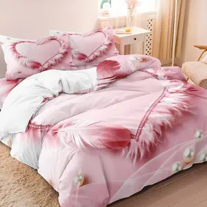 3pcs Pink Feather Heart Decorative Duvet Cover Set (1 Duvet Cover + 2 Pillowcases, No Core), Comfy Bed Sets, Suitable For All Seasons, Home Or Dorm Use, Featuring High-Definition Prints, Soft, And Comfortable For Couples, Bedroom Bedding Set
