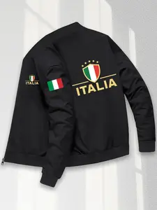 Men's Italian Theme Pilot Jacket, Italia Print, Zipper Pockets, Casual & Formal Wear, Winter Fashion, Casual Trendy Coat
