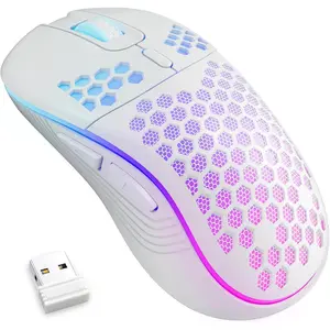 L-HUP011  Wireless Gaming Mouse Honeycomb 2.4G USB Cordless Mouse RGB Rechargeable PC Game Mice with 7-Color LED Lights,3 Adjustable DPI for Windows Laptop Desktop Computers -White