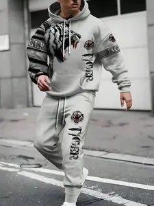 Men's Fall Winter Hoodie & Sweatpants Set, Sporty Style, All over Tiger Print, Long Sleeve, Regular Fit, 2 Piece, Printed Sports Suit