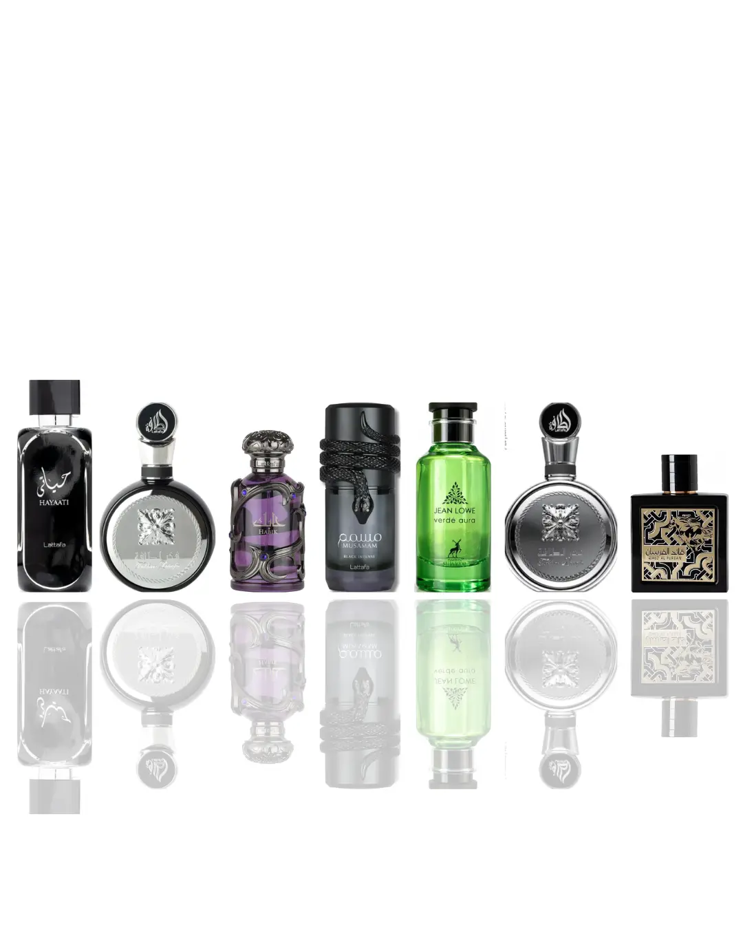Hayaati men + fakhar lattafa platin + fakhar lattafa + musamam black + habik men + jean lowe verde aura + qaed al fursan -- 7 piece bundle