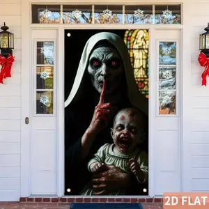 2d flat Scary Bloody Outdoor Flag, Halloween Door Cover 71x35 Inches Scary Nun Baby Banner Creepy Front Door Curtain Spooky Horror Decoration Haunted House Doorway Prop Halloween Party Home Office School