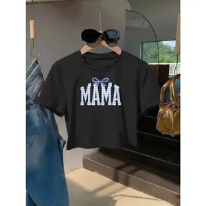 Mama Bow Gingham Graphic Crop Tee Womens Short Sleeve Crewneck Cute Casual Soft Cotton Summer Outfit Top For Moms Everyday Streetwear
