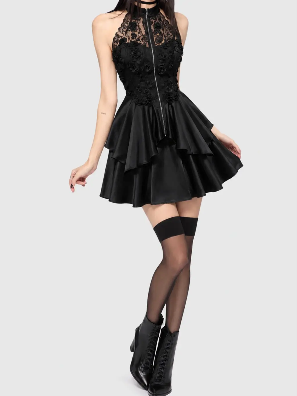 Rosegal Women's Gothic Sleeveless A-Line Mini Embellished Dress, Floral Lace Jacquard Polyester Fabric, Ruffled Layered Zipper Formal Evening Party Dress, Basic Black Minimalist Elegant Workwear, Evening Party Dresses
