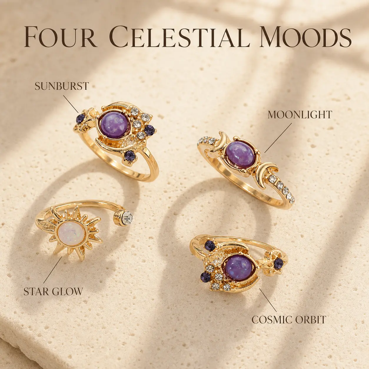 4-Piece Sky Sun & Moon Ring Set,One-Size Non Tarnish Stackable Rings，Purple Crystal Thumb Rings Set Fashion Jewelry Accessary