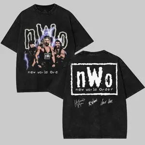 WWE  NEW WORLD nWo Washed T-Shirt | Vintage Graphic Design | Iconic Wrestling Print | Classic Fan Apparel Cotton Fabric