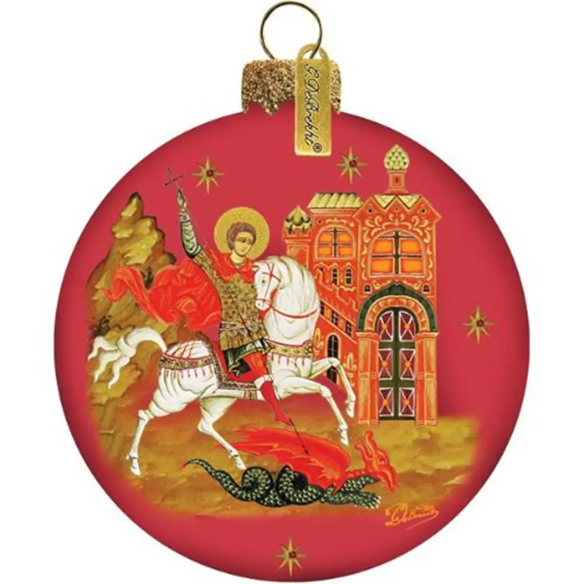 212 MAIN 3.5 in. Hand-Painted Saint George Icon Glass Ornament - Russian Fedoskino Artistic Technique, Satin-Finished Classic Christmas Decor, Boxed Holiday Tree Ornament Gift, Artistic Ornaments