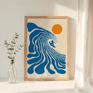 Retro Surfer Art Print | Abstract Wave Wall Art | Coastal Beach Decor | Minimalist Surf Poster | Blue Ocean Wave Print Unframed