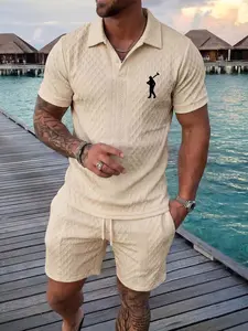 Men's Classic Polo Short Sleeve Turn-Down Collar T-Shirt Set with Drawstring Shorts, Geometric Print, Tropical, Comfortable Fabric, Daily Wear