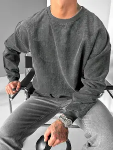 Men's Corduroy Crew Neck Sweatshirt, Thick Warm Solid Color, Casual Loose Fit, Multi-Functional Travel Style, Polyester Fabric, Long Sleeve