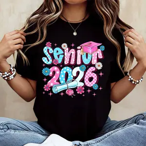 Senior 2026 Graduation Cap Diploma Flowers Print V Neck T Shirt Dress Casual Loose Fit For Everyday Wear And Sports Activities