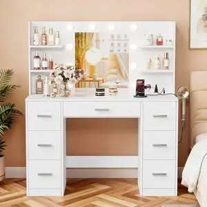 Makeup Vanity Desk with 3-Color LED Lights & Clear Mirror, 7 Drawers 6 Shelves Storage, Power Outlet & Hair Dryer Rack, Sturdy MDF White Dressing Table for Bedroom