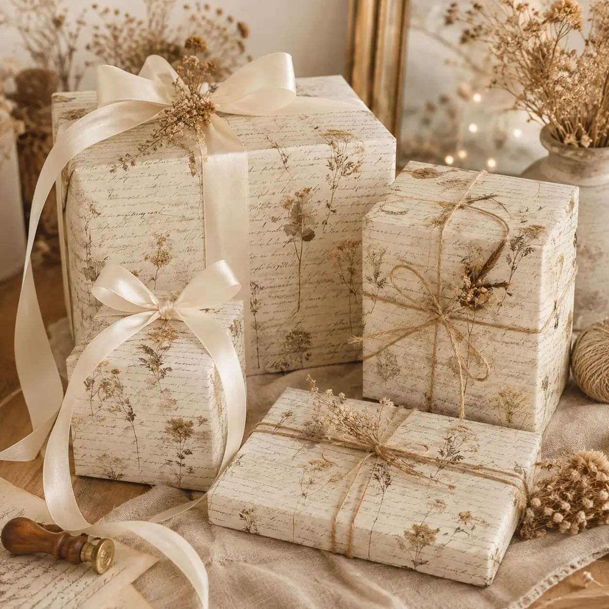 Sepia Antique Love Letter Pressed Flower Gift Wrapping Paper Sheet - Vintage French Script Herbarium Wrap for Housewarming Teachers Day Anniversary