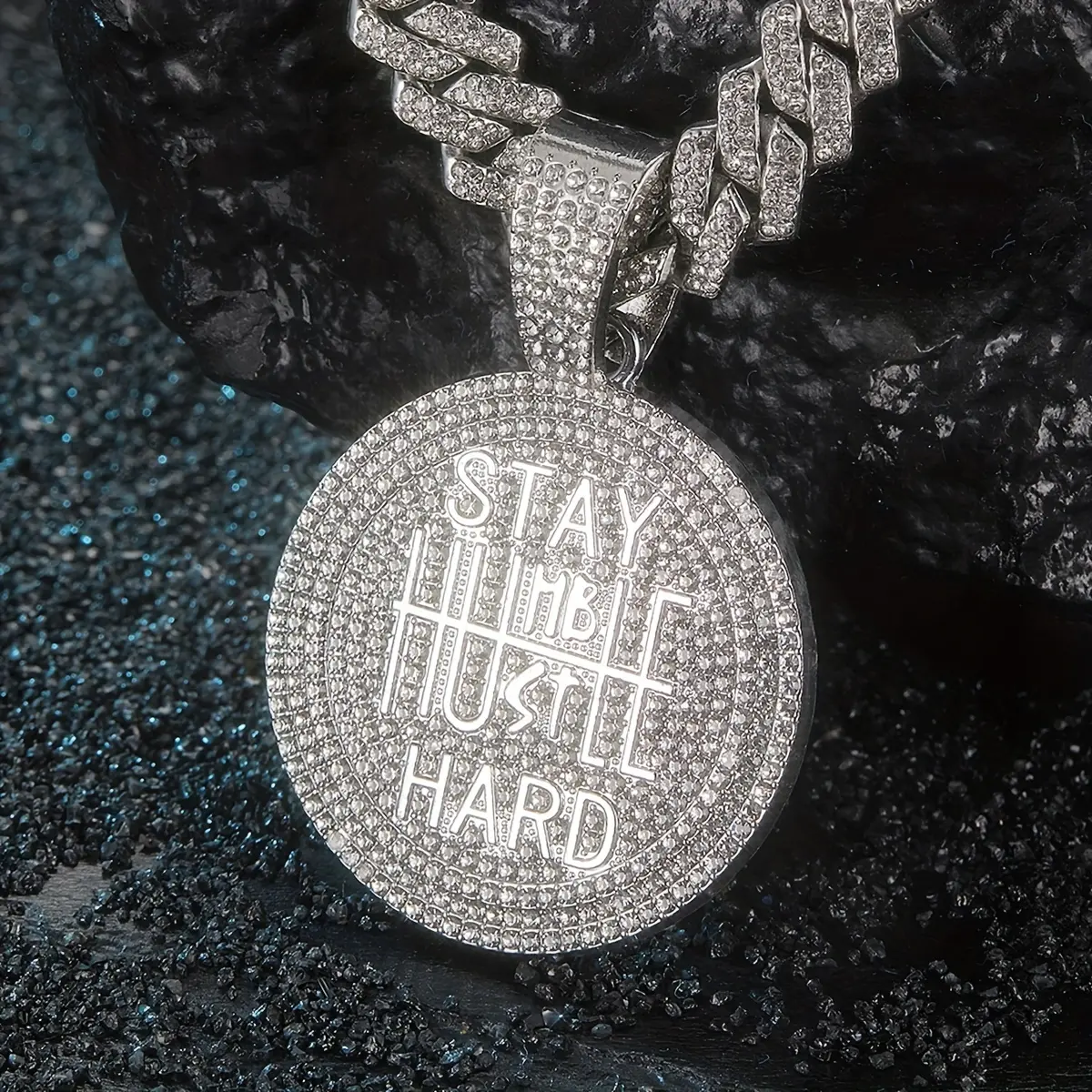 1 Miami Unisex Stay Humble Hustle Hard Circle Pendant Cuban Chain Necklace - 18K Gold Plated Hip Hop Jewelry with Synthetic Zirconia, 13mm Thick Links, Adjustable Length 20", Comes with Gift Box, Holiday Jewelry, Bold Statement Piece, Sparkle Effect