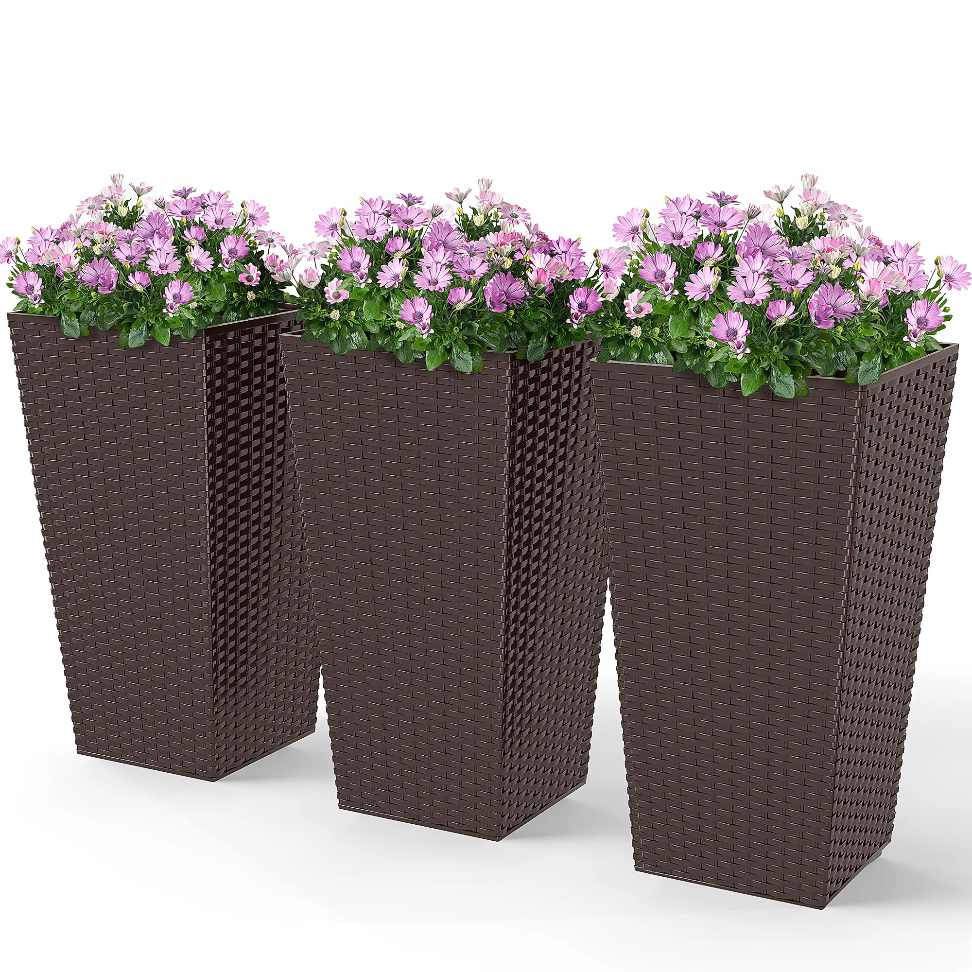 Outsunny 3-Piece 24-In Tall Tapered Rattan Flower Pots - Decorative Indoor-Outdoor Garden Planters with Drainage Holes, Gardening Gifts for Beginner Gardening, All Seasons Use, DEHP-Free, Easy to Get Plants Settled (Front Porch, Patio)