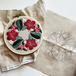 Easy floral wreath embroidery project with online video class "Floral Flourish", Hand embroidery kit with printed embroidery cloth
