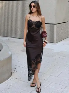 Women's Asymmetric Lace Satin Midi Dress, Chocolate Olive Thin Straps, Lace Trim and Silk Aesthetic, Spring Summer Fashion