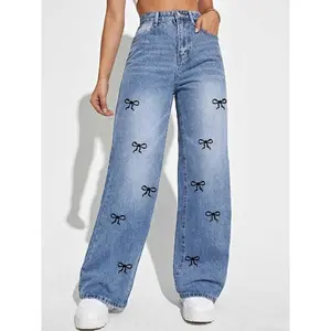 Women's Bow Print Denim Jeans, Casual Comfy Jeans for Daily Wear, Jeans for Women, Ladies Bottoms for All Seasons, Jeans��gift��