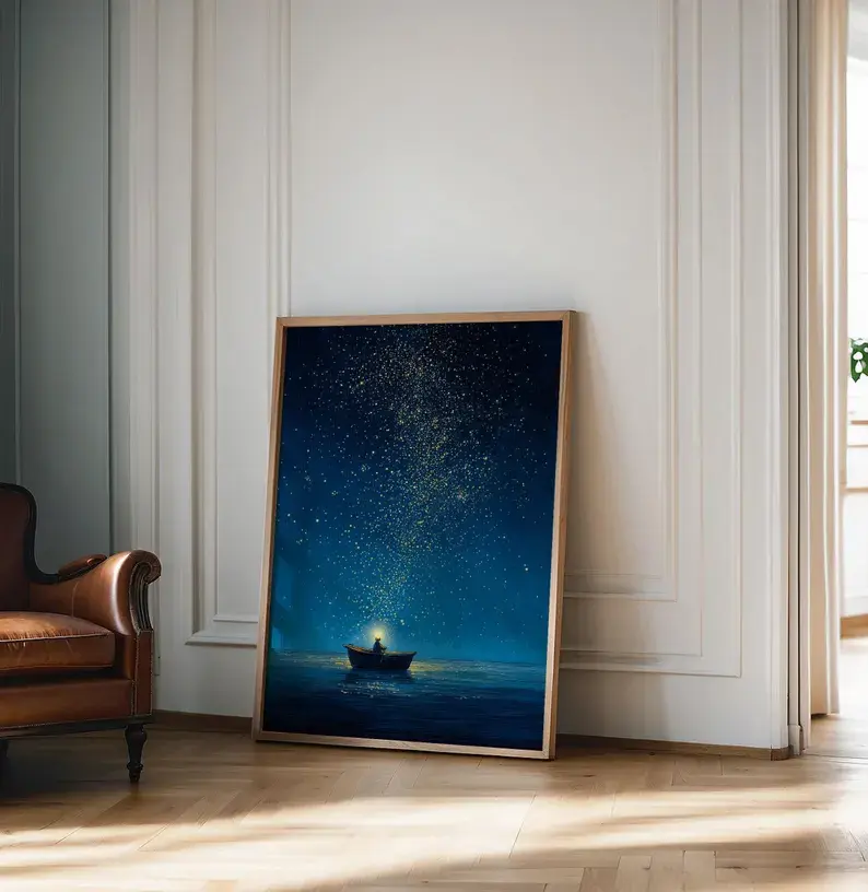Starry Night Ocean Wall Art, Celestial Boat Painting, Deep Blue Sea Poster, Dreamy Night Sky Print, Coastal Wall Decor for Bedroom