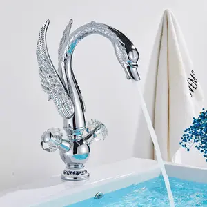 Luxury Basin Faucet Swan Shape Bathroom Faucet Solid Brass Deck Mount Hot and Cold Water Two Handle Mixer Faucet(Chrome)