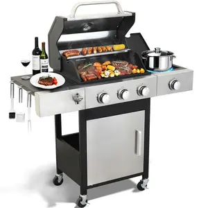 3-Burner Propane Gas Bbq Grill With Side Burner, 37230Btu Output With Enameled Cast Iron Cooking Grids For Outdoor Barbecue, Stainless Steel