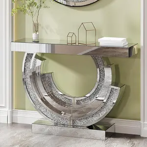 Silver Mirrored Console Table with Crushed Diamond Inlay, 42.9'' Long Entryway Sofa Table, 3C-Shaped Base Modern Accent Narrow Table for Living Room, Hallway, Foyer, Entrance