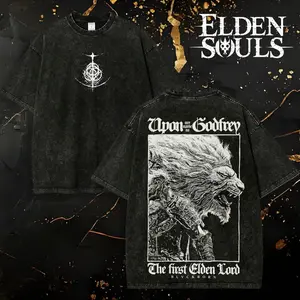[Elden Souls] Godfrey, the First Elden Lord - Elden Ring Retro Limited Vintage Washed Tee, Halloween Gift, Perfect Gift for Soulsborne Fan and Lovers, Clothing Cotton, Boy Merch, Gaming Apparel, Game Shirt, Soulslike Wear DJC Menswear Top Man Tshirt
